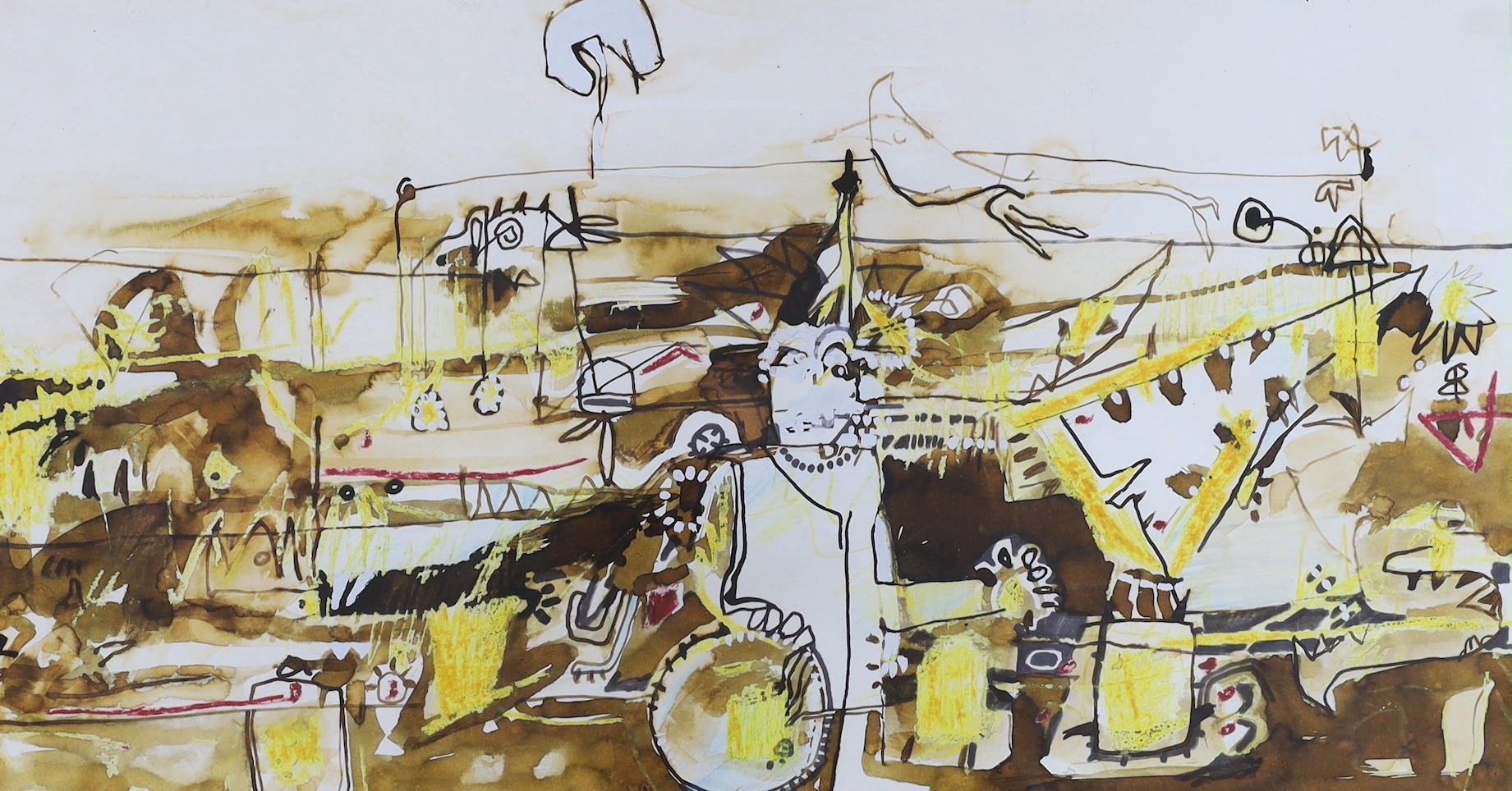 Russell Frampton (b.1961), mixed media, 'Man at crossroads', signed and dated '88, 31 x 56cm